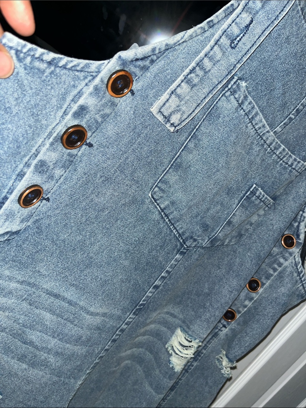 Blue Women's Distressed Denim Overalls - Picture 6 of 7